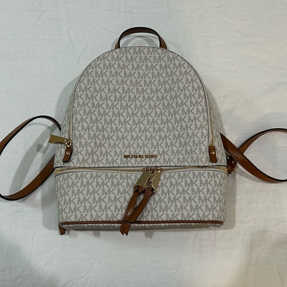 Michael Kors Rhea Medium Signature Logo Backpack in Light Cream Multi - Picture 6 of 16